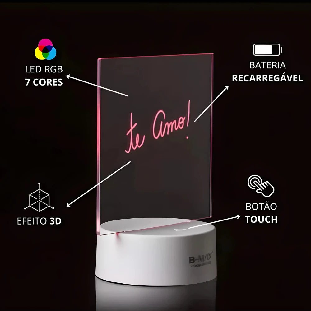 Luminária Lousa De Mesa 3D Com Led E Caneta Para Escrever